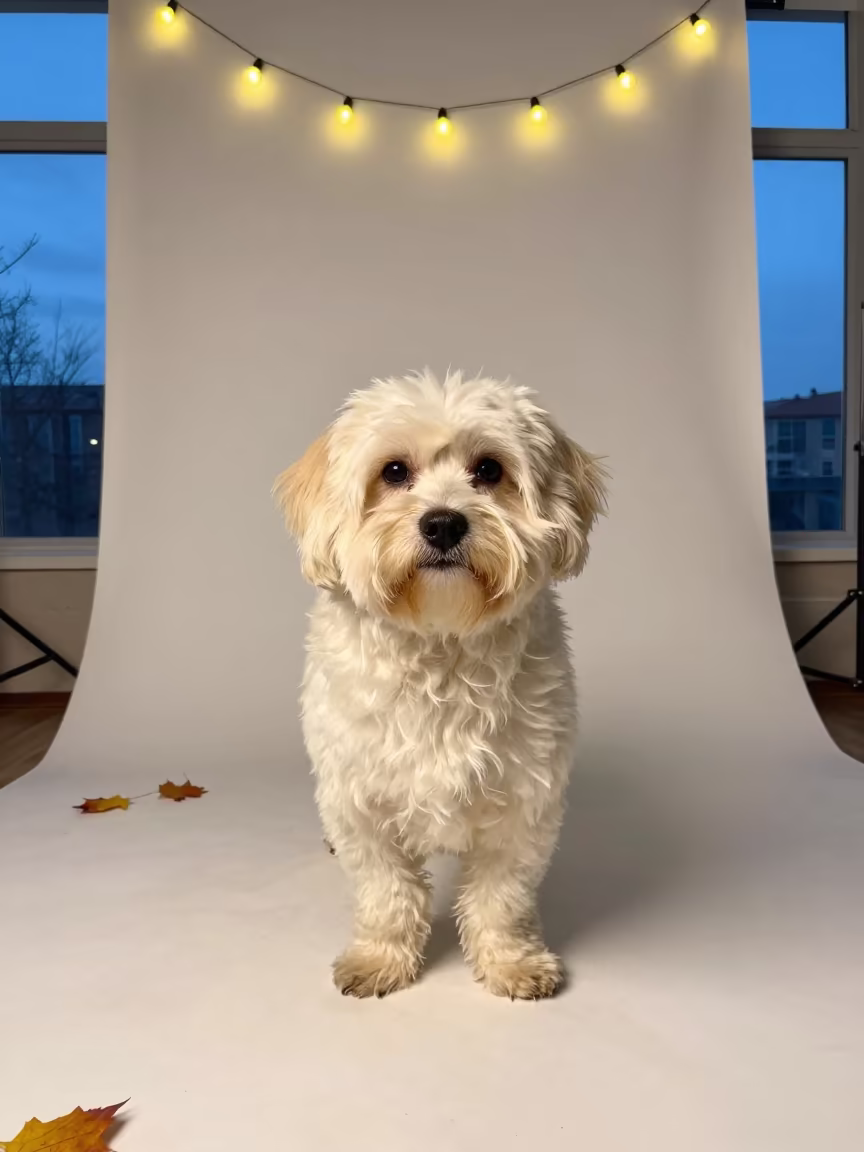 Havanese Portrait in Twilight Studio Glow in in a quiet portrait studio with a plain backdrop and eye-level framing in Bodrum