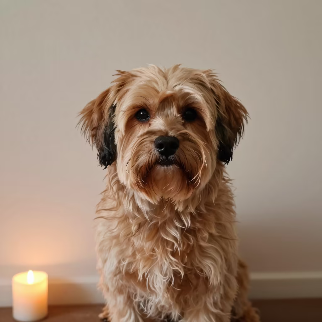Havanese Portrait In Warm Candlelight Xining in beside a plain plaster wall in soft indoor light with the animal centered in frame in Xining