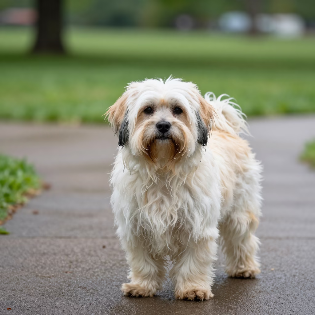 Havanese Portrait on Quiet Des Moines Path in along a quiet park path with soft open shade and a clean background in Des Moines