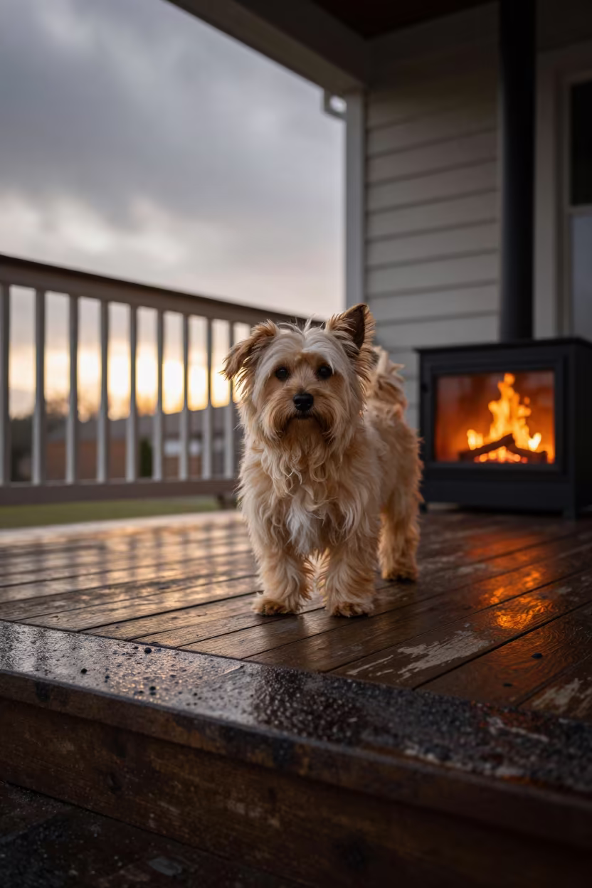 Havanese Portrait on Shaded San Lorenzo Porch in on a shaded front porch with boards, railings, and eye-level framing in San Lorenzo