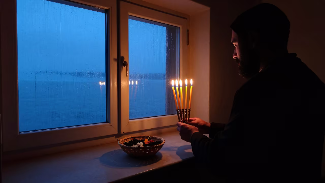 Havdalah Candle Silhouette at Dawn in Saly Nave in inside a candlelit nave in Saly