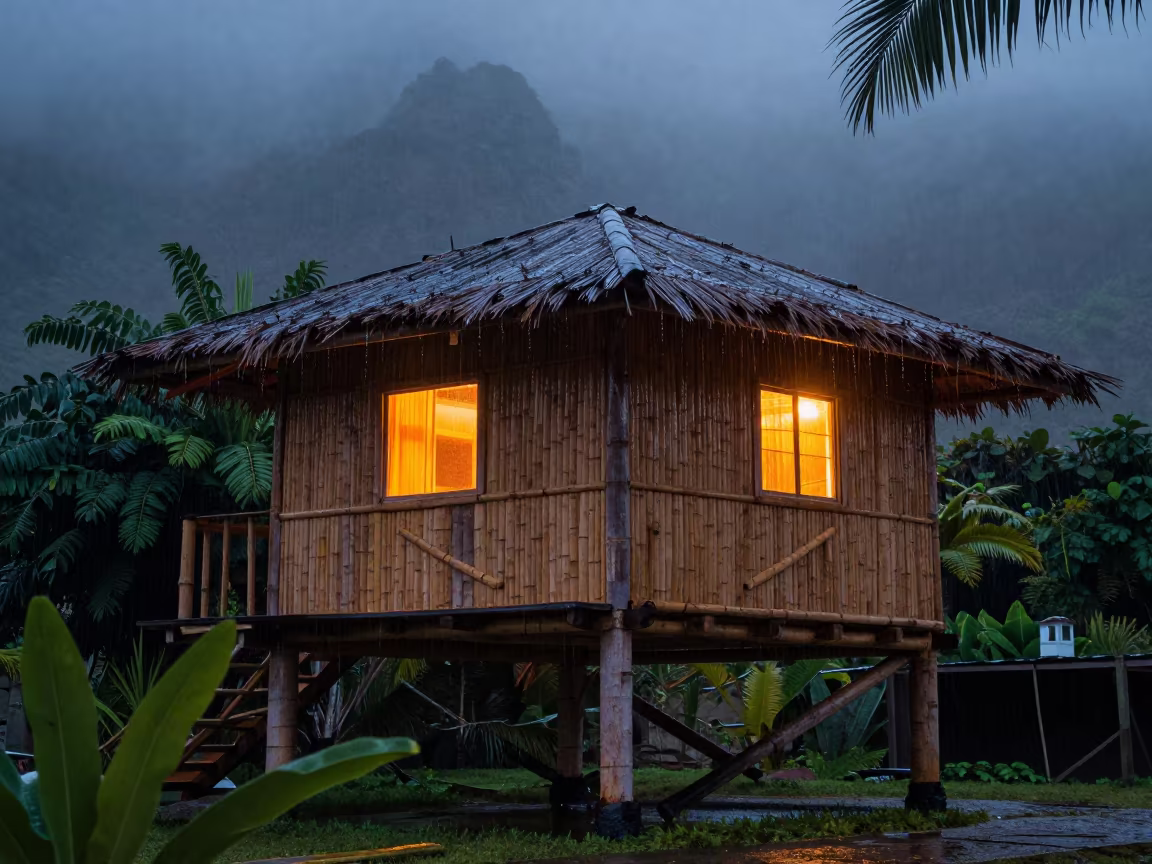 Hawaii Bamboo Tree House in Twilight Fog in in Hawaii