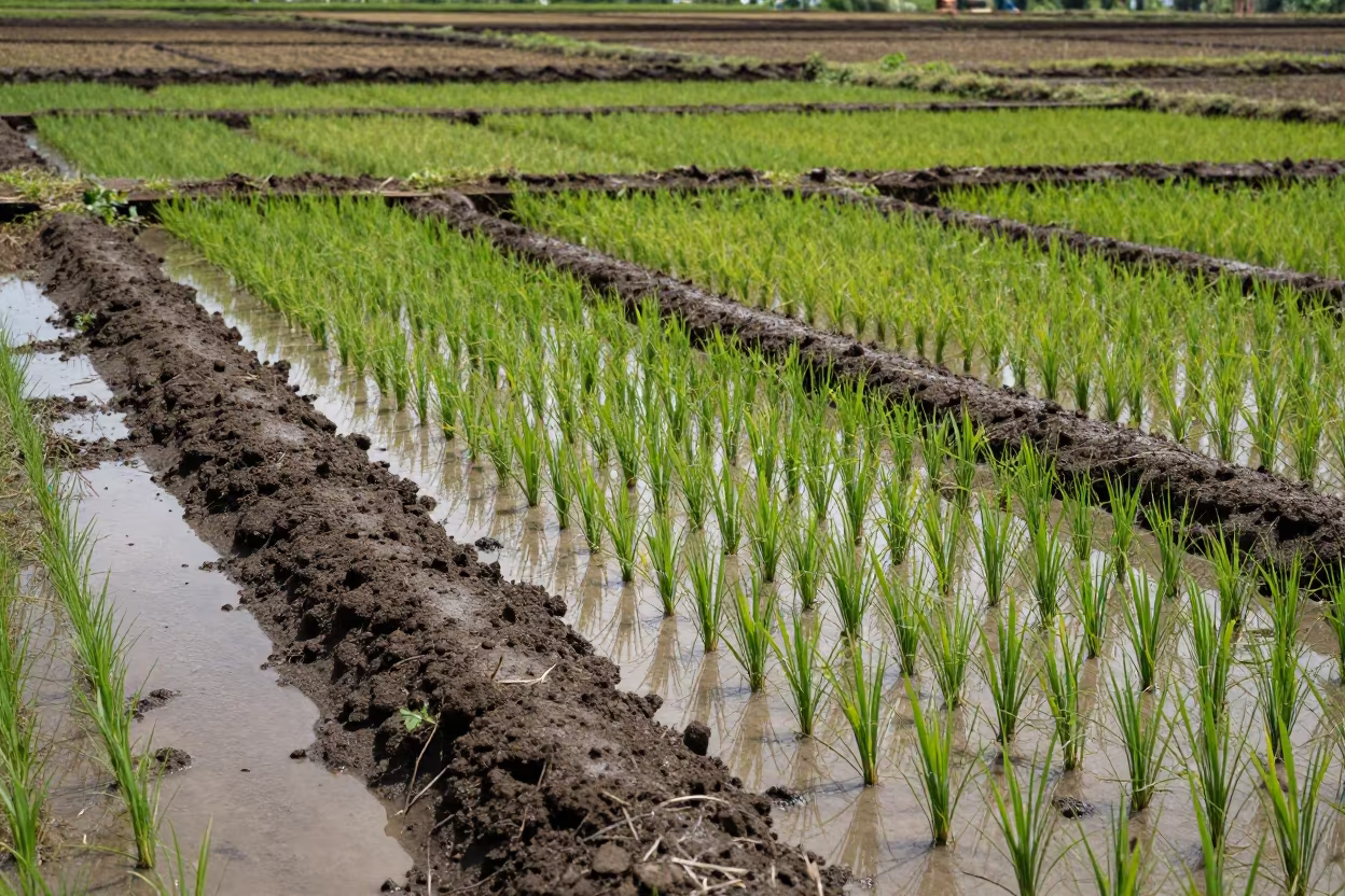 Hawaii Rice Paddy Irrigation Canals After Rain in along freshly irrigated rows in Hawaii