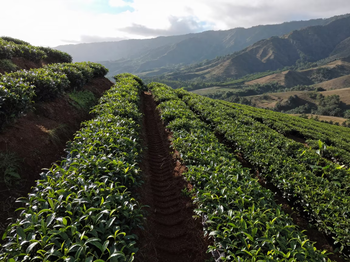 Hawaii Tea Plantation Cliff Edge Over Cloud Valley in beside a tractor track through dark soil in Hawaii