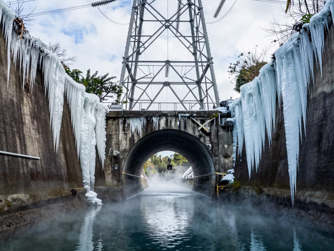 Hawaii Tunnel Portal Icicles Midday Fog in beneath transmission towers in Hawaii