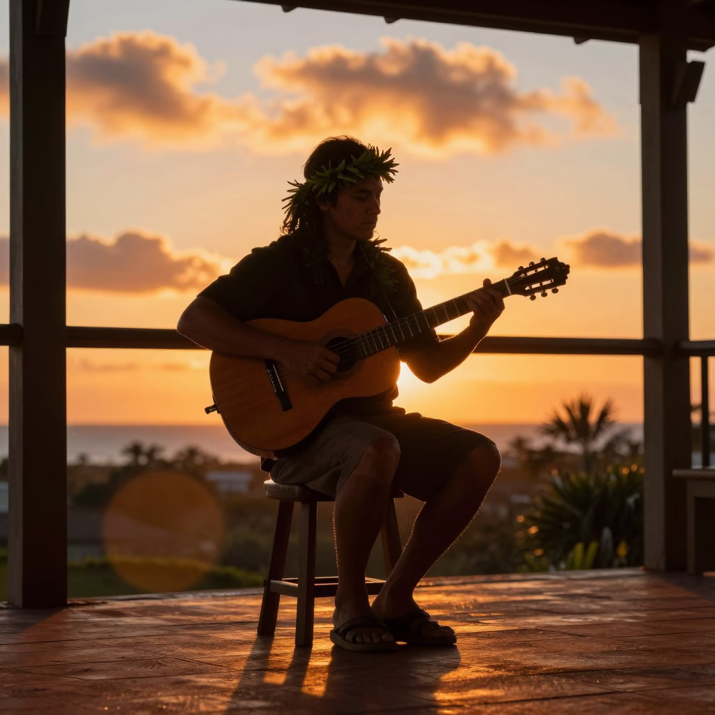 Silhouetted Hawaiian Guitarist on Jacksonville Lanai in in a rehearsal room in Jacksonville