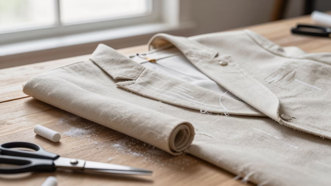 Hawasa Tailor Basted Lapel Horsehair Canvas in at a tailoring table strewn with chalk and shears in Hawaasa