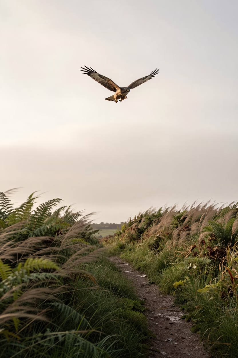 Hawk Circling Cornwall Trail Before Sunrise in along a game trail in Cornwall