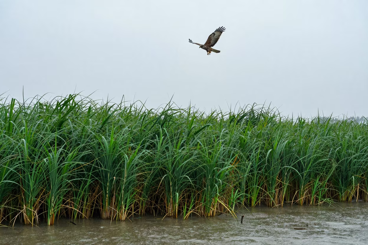 Hawk Circling Over Reed Bed Alleppey Rain in at the edge of a reed bed near Alleppey