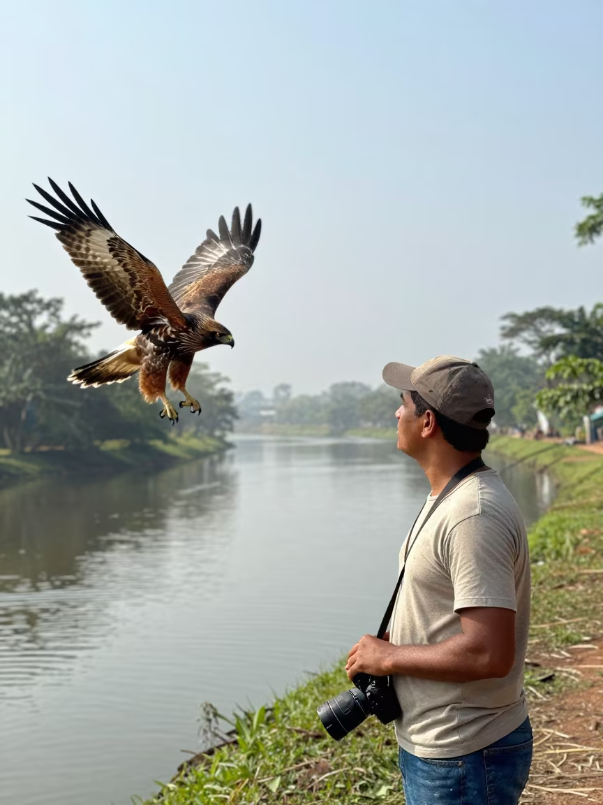 Hawk Trainer Eyes Raptor Beside Canal in beside a canal in Carúpano