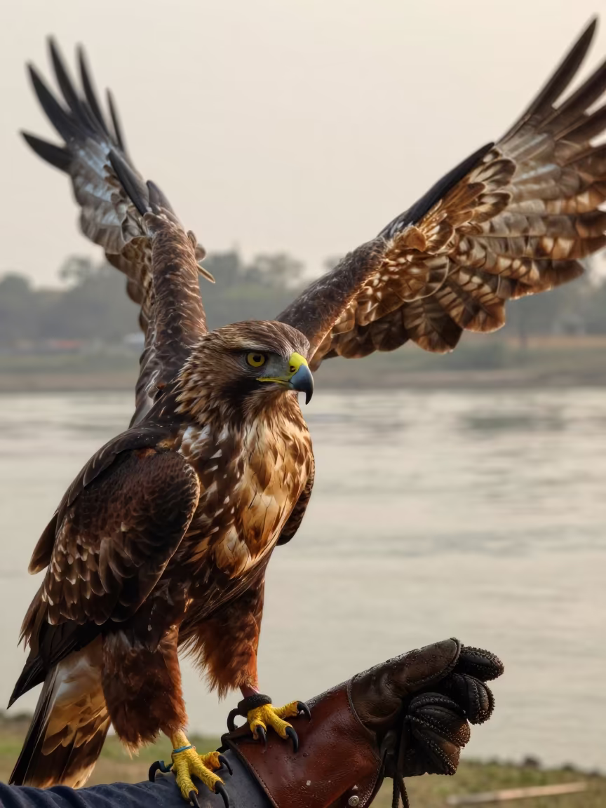 Hawk Trainer Gaze in Gorakhpur Drizzle in near a riverside landing in Gorakhpur