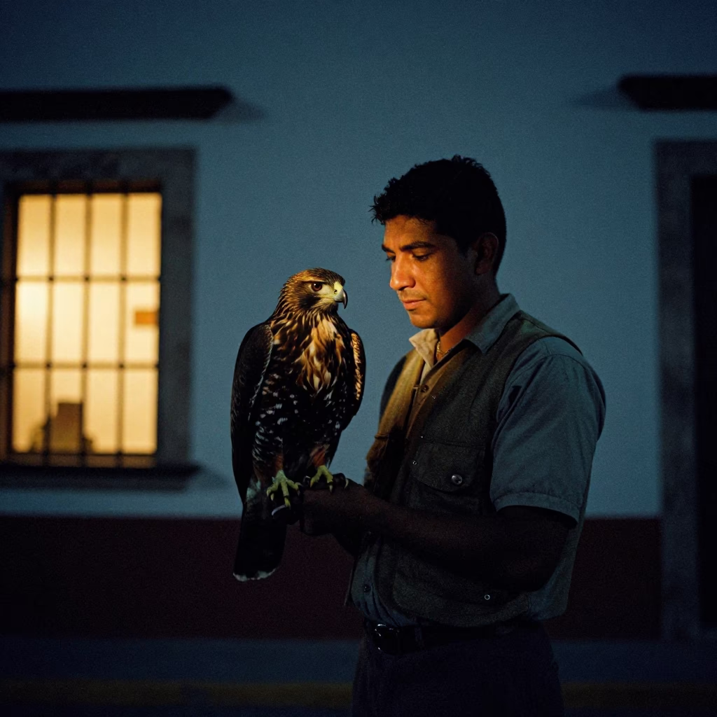 Hawk Trainer Gaze in Night Window Light in in Puebla