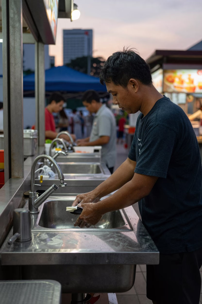Hawker Centre in Singapore at The Still Hours Before Dawn Light in in Singapore, Singapore