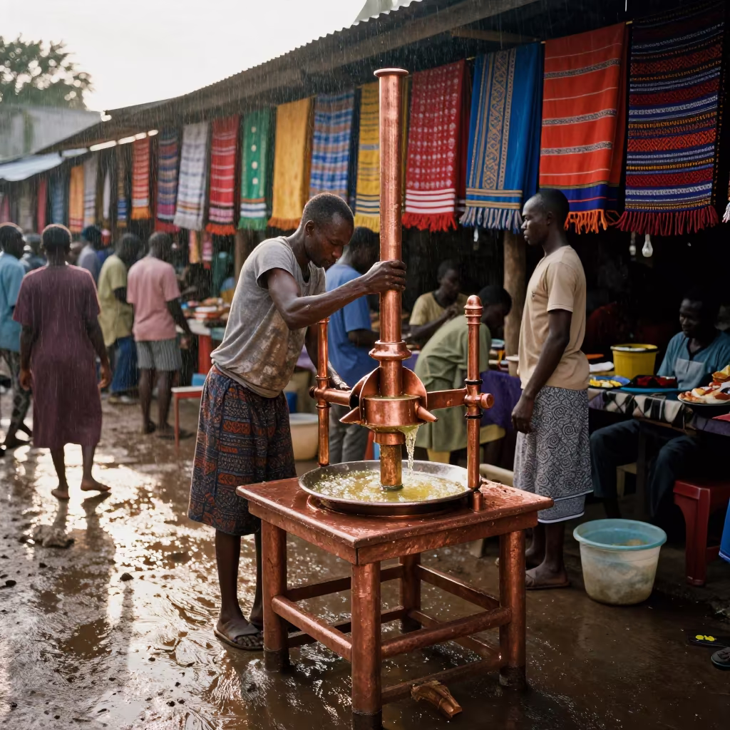 Hawker Presses Sugarcane at Idanre Textile Stall in at a textile trader's stall in Idanre