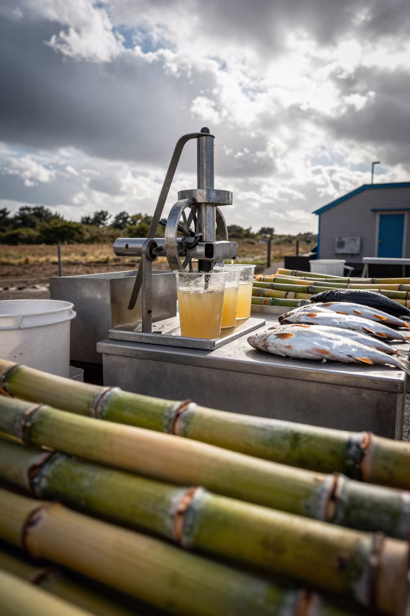 Hawker Presses Sugarcane Juice Near Hull Fish Counter in beside a fish counter in Kingston upon Hull