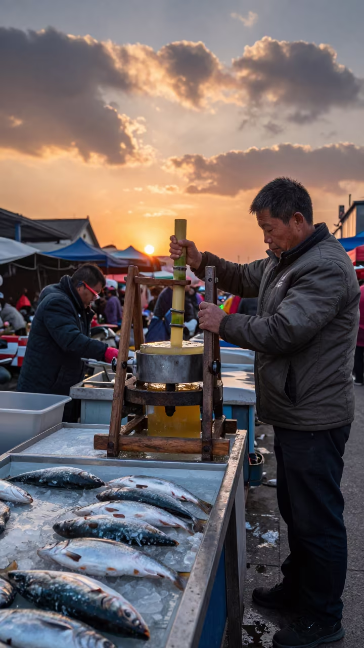 Hawker Pressing Sugarcane Juice Taiyuan Market in beside a fish counter in Taiyuan
