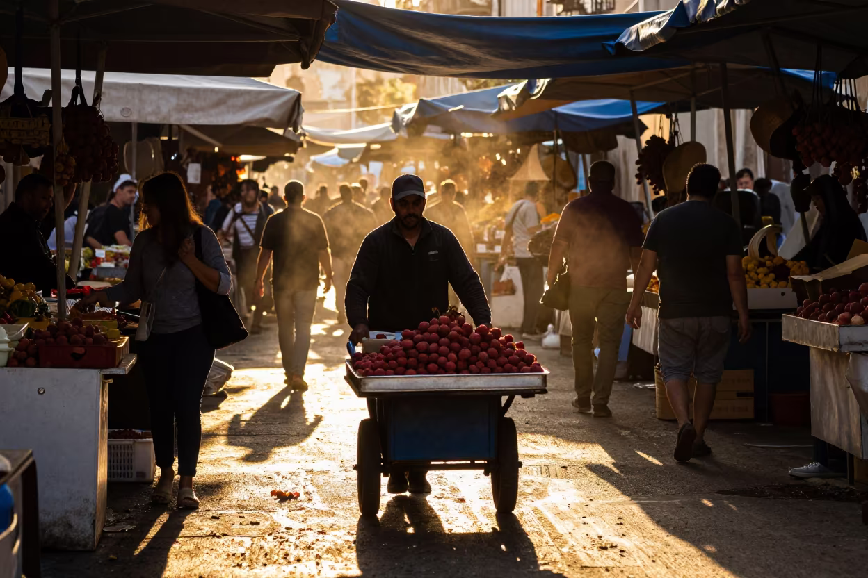 Silhouetted Hawker Pushes Lychees Through Flea Market Lane in in a flea market lane in Pescara