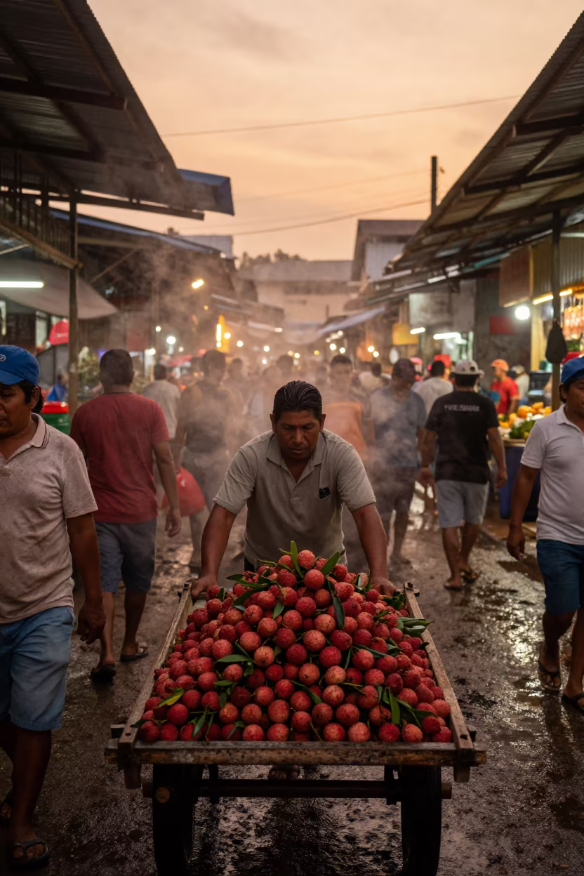 Hawker Pushes Lychees Through Iquitos Evening Market in in a covered bazaar aisle in Iquitos