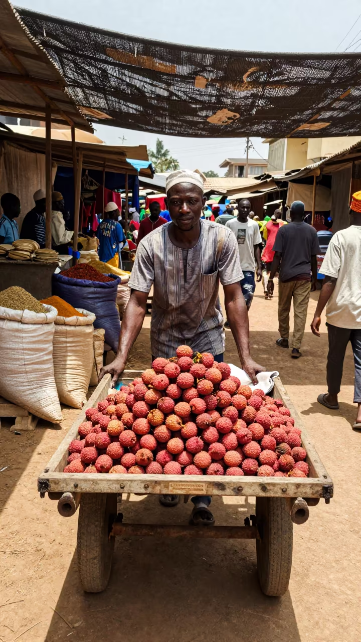Hawker Pushing Lychees Through Siguiri Market Lane in at a roadside fruit stand in Siguiri