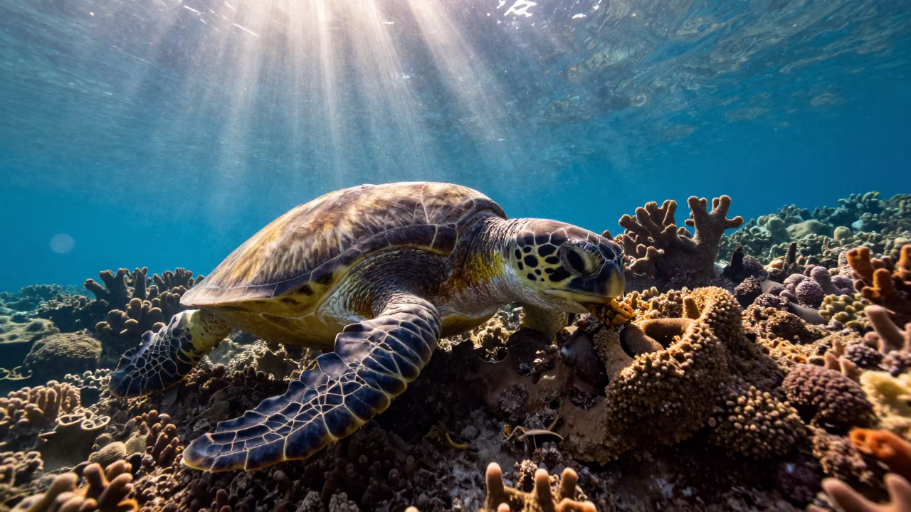 Hawksbill Turtle Feeding on Coral Reef Wall in along a coral wall with blue water beyond near Zanzibar