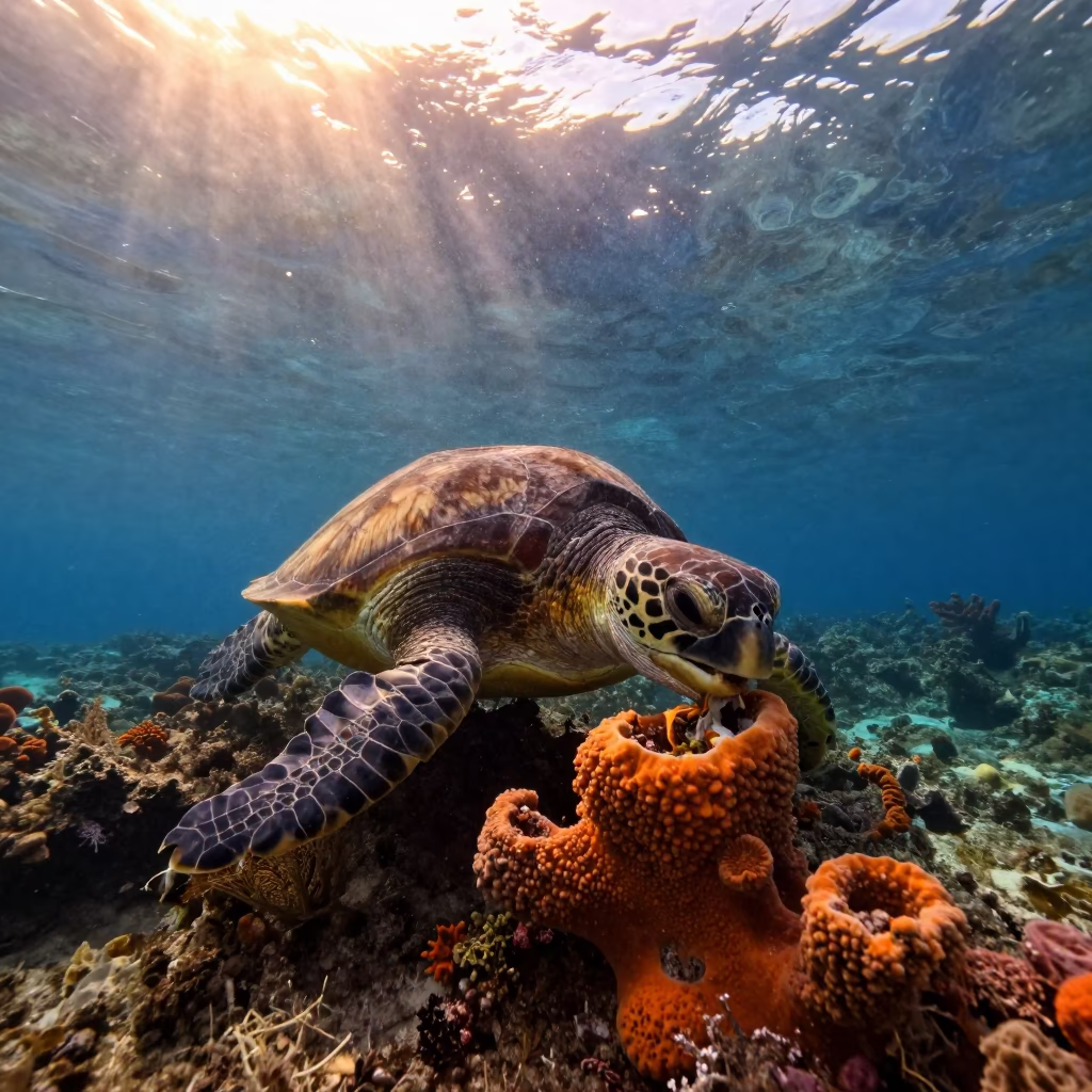 Hawksbill Turtle Feeding on Reef Sponge in beneath a reef ledge in tropical shallows near Belize City