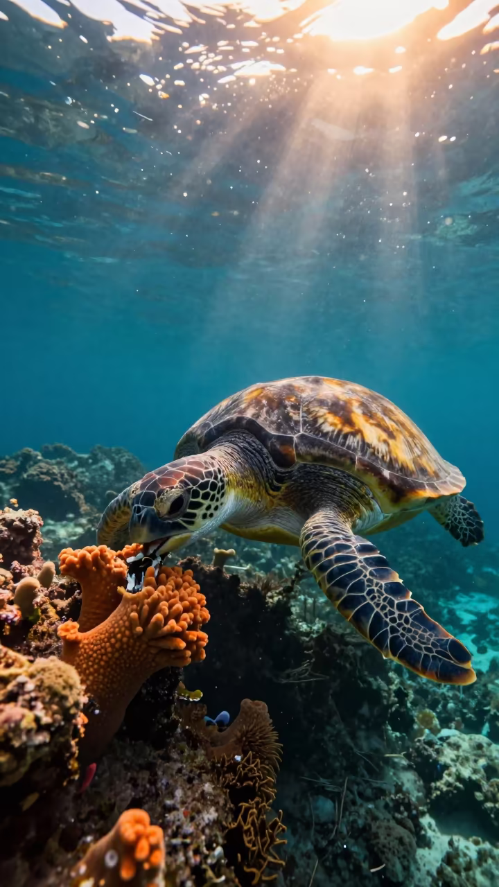 Hawksbill Turtle Feeding on Reef Sponge in beneath a reef ledge in tropical shallows near Stone Town