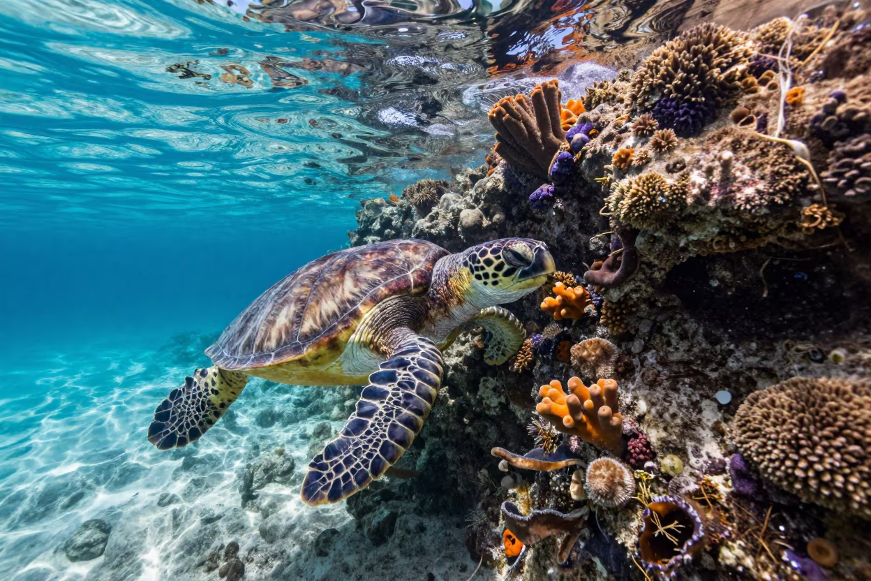 Hawksbill Turtle Feeding on Reef Wall Stone Town in beside a reef crevice under clear water near Stone Town