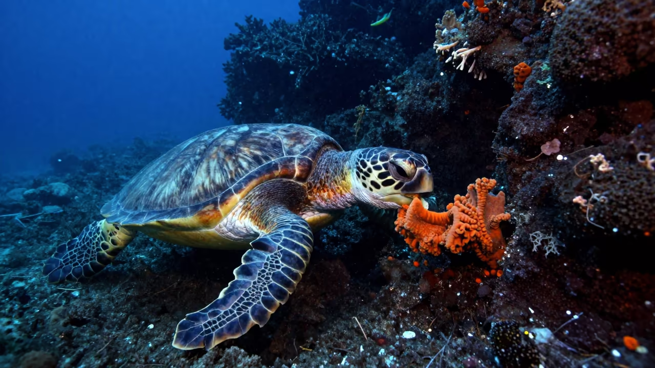 Hawksbill Turtle Feeding on Volcanic Reef Cebu in beside a volcanic reef overhang near Cebu