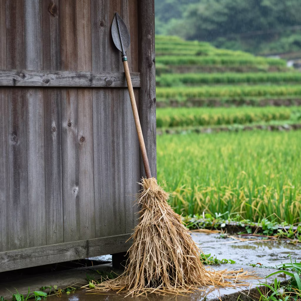 Hay Bale Spear Against Cracked Barn in Rice Paddies in among terraced rice paddies in Mecca
