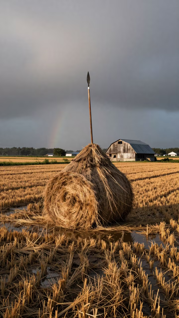 Hay Bale Spear Against Cracked Barn in Kyushu in across a harvested grain field in Kyushu