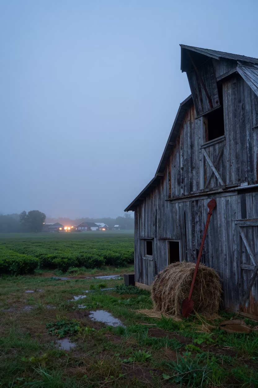Hay Bale Spear Leaning Against Weathered Barn in at the edge of a tea plantation in Michigan