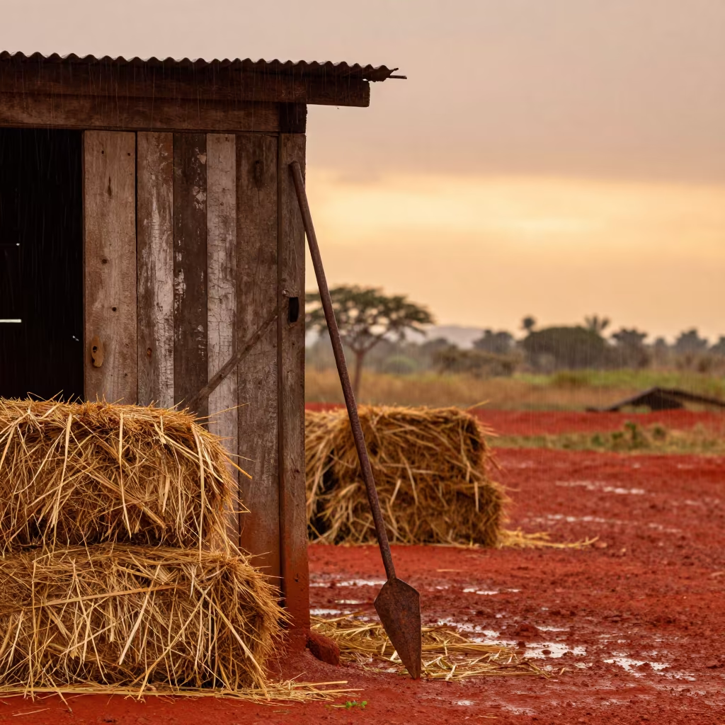 Hay Bale Spear Against Cracked Barn in Djibouti in beside stacked hay bales in Djibouti