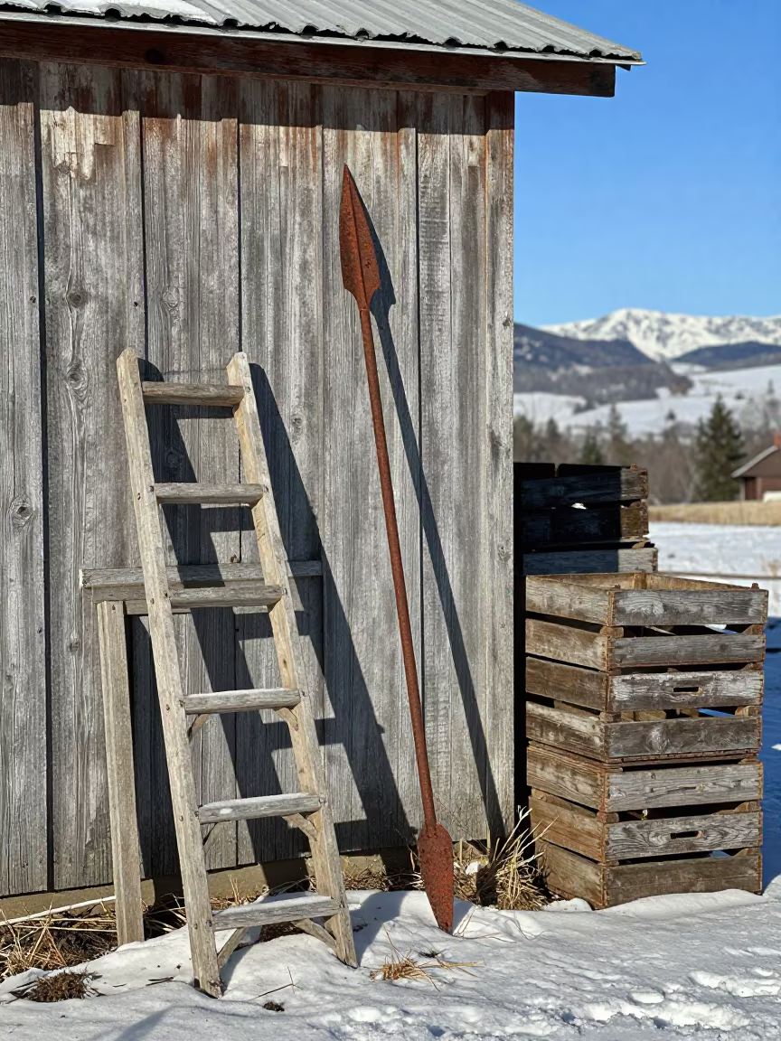 Hay Bale Spear Leaning Against Weathered Barn in among orchard ladders and crates in Providence