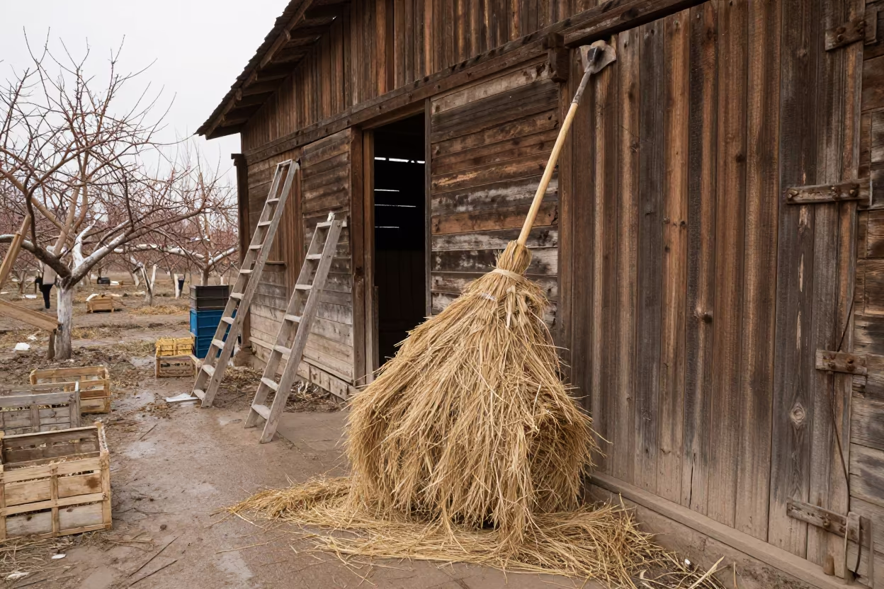 Hay Bale Spear Leaning Against Weathered Barn in among orchard ladders and crates in Turkmenistan