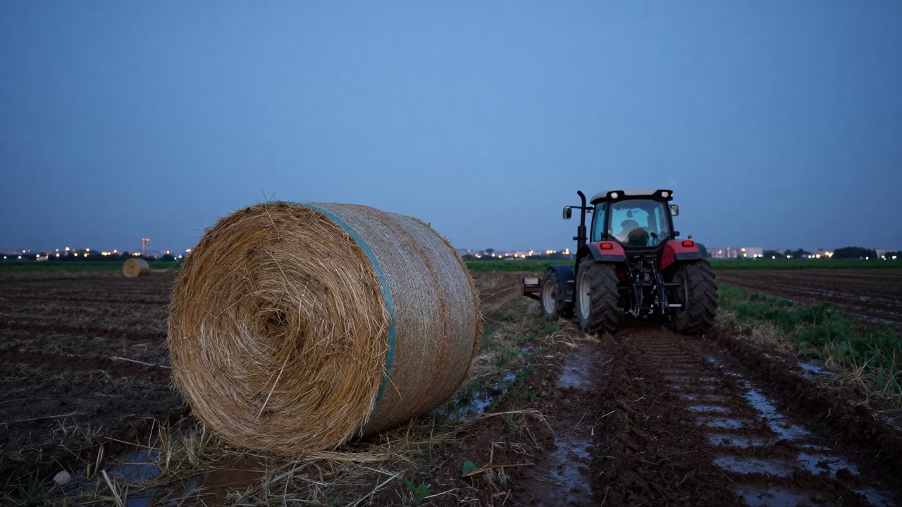 Hay Bale Wrapped in Plastic Near Sofia in beside a tractor track through dark soil near Sofia