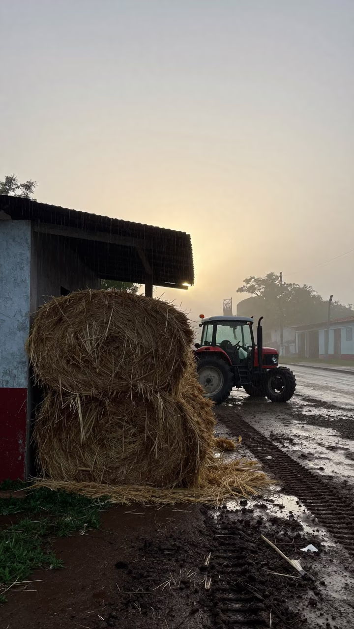 Hay Bales Before Sunrise in Havana in beside a tractor track through dark soil in Centro Habana, Havana
