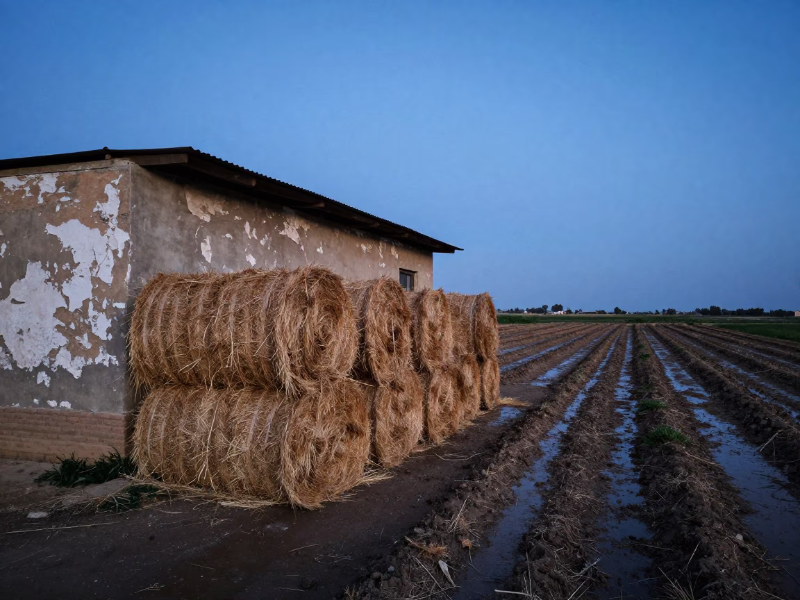 Hay Bales Beside Weathered Afghan Shed in along freshly irrigated rows in Afghanistan