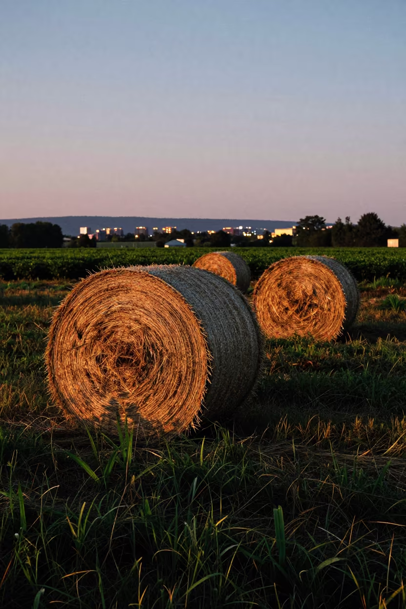 Hay Bales in Connecticut Evening Light in at the edge of a tea plantation in Connecticut