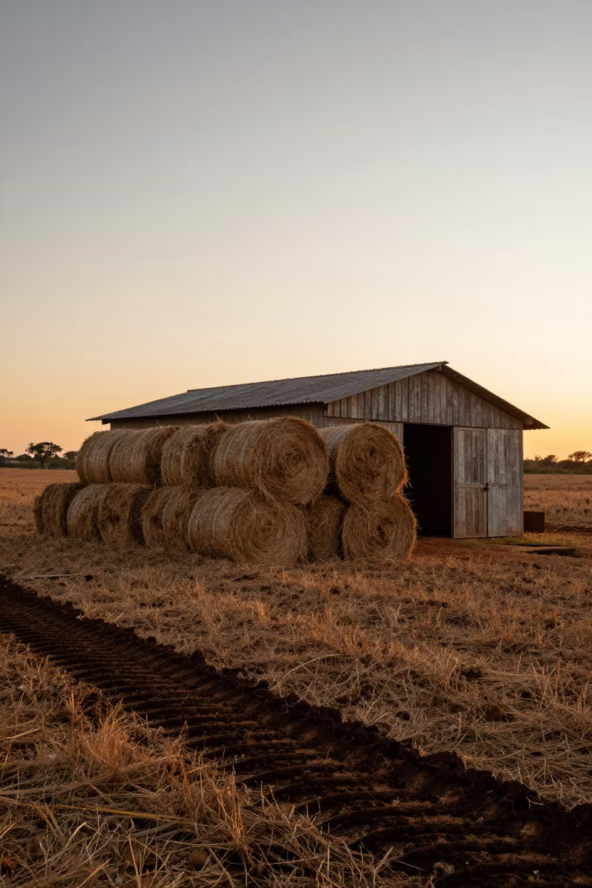 Hay Bales Sunset Light Bahia Farm in beside a tractor track through dark soil in Bahia