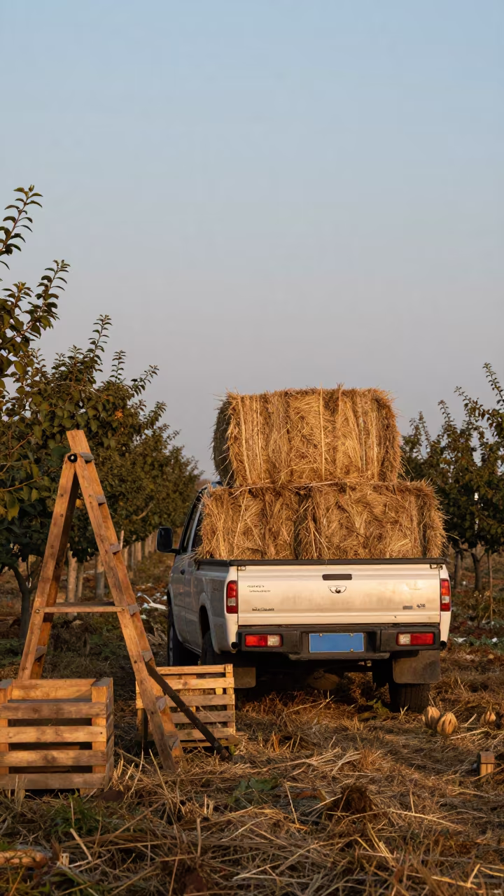 Hay Bales on Truck Near Suzhou Orchard in among orchard ladders and crates near Suzhou