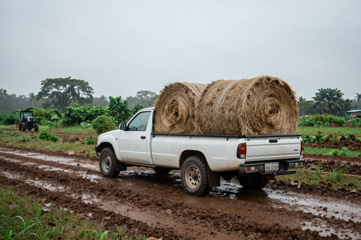 Hay Bales on Truck in Wet Season Ogbomosho in beside a tractor track through dark soil in Ogbomosho