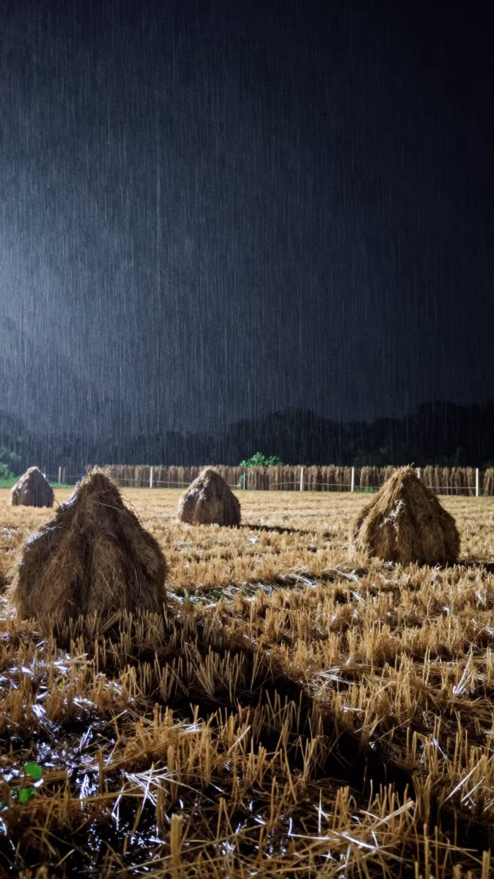 Hay Field Night Rain Thailand Windbreak Shadow in beside stacked hay bales in Thailand