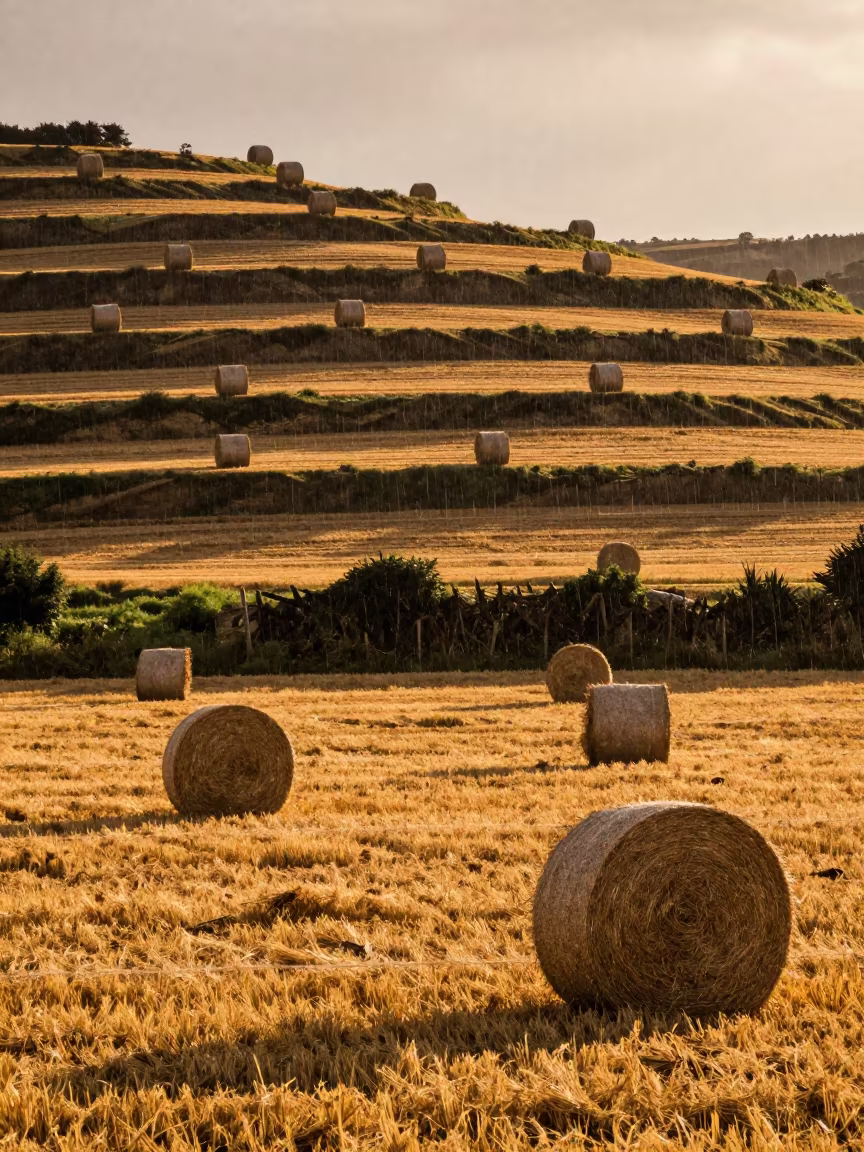 Hay Field Shadowed by Windbreak at Dusk in among terraced rice paddies in Argentina