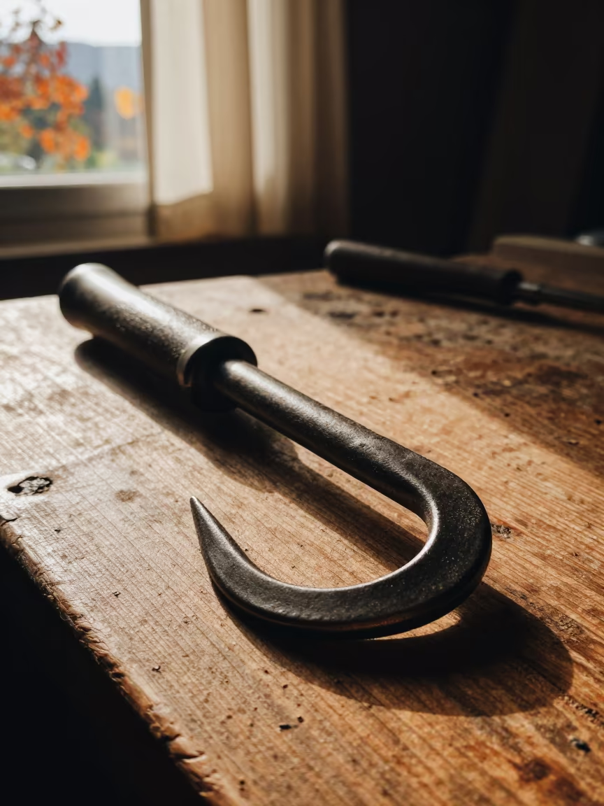 Hay Hook on Autumn Workbench with Warm Light in on a wooden workbench near Rehovot