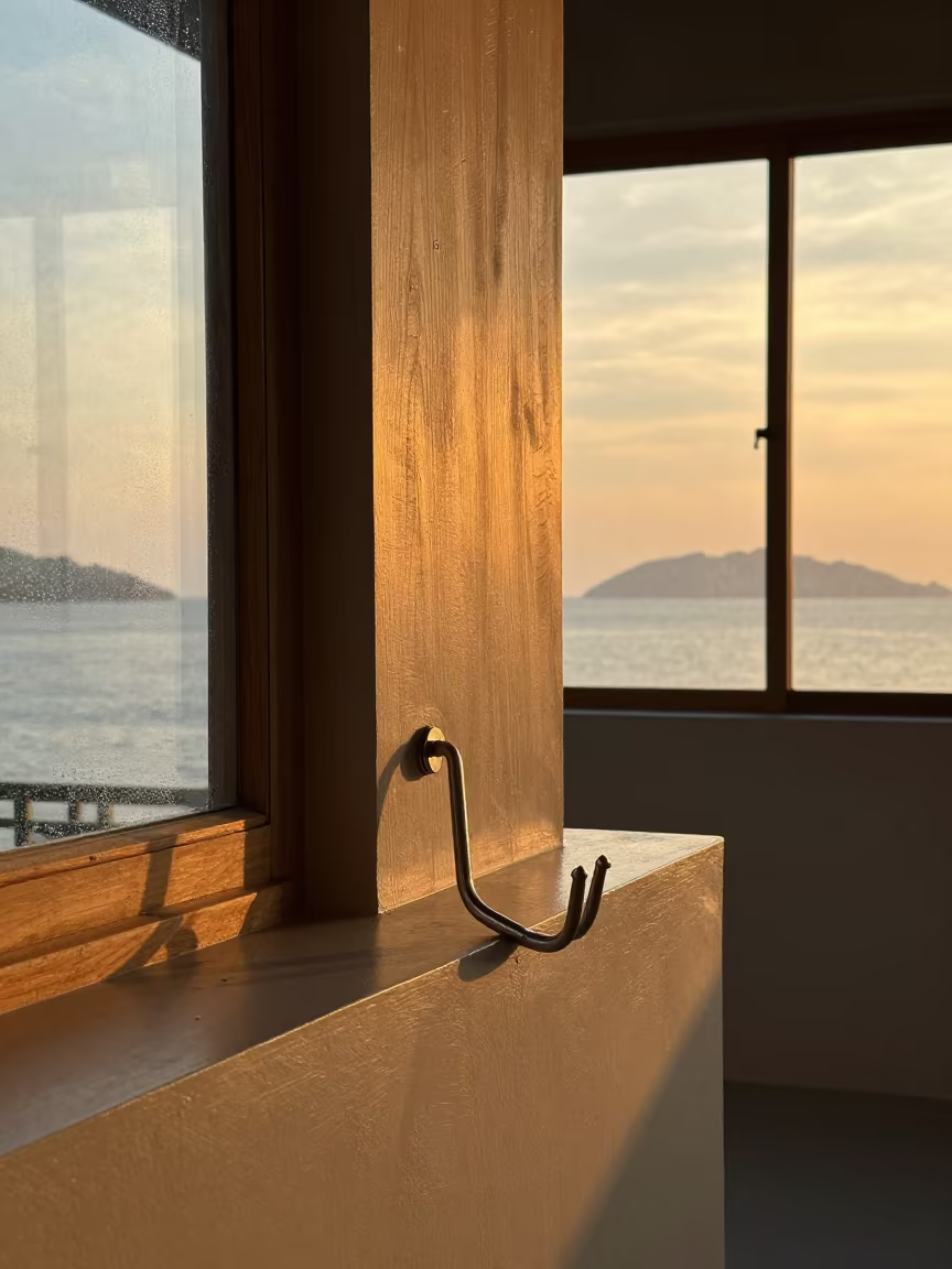 Hay Hook on Shelf in Langkawi Sunset Light in on a painted display ledge in Langkawi