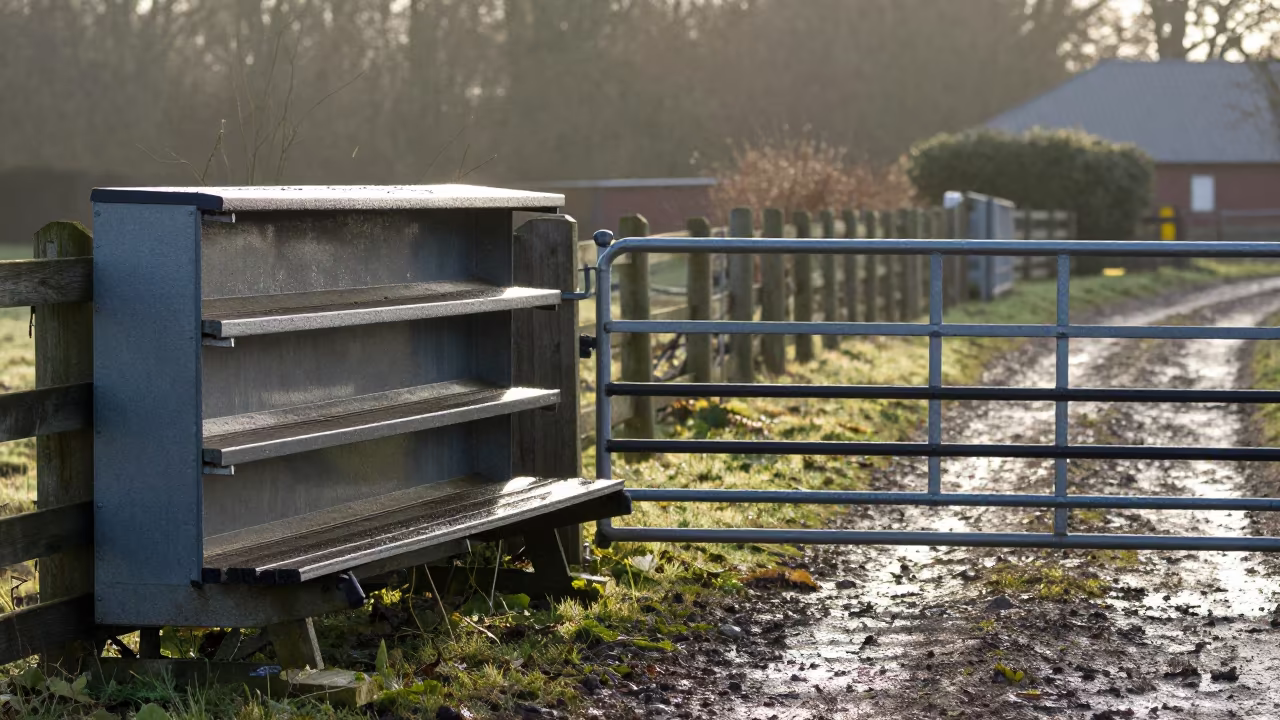 Hay Moisture Probe Shelf Morning Shadow Denmark in beside a pasture gate in Denmark