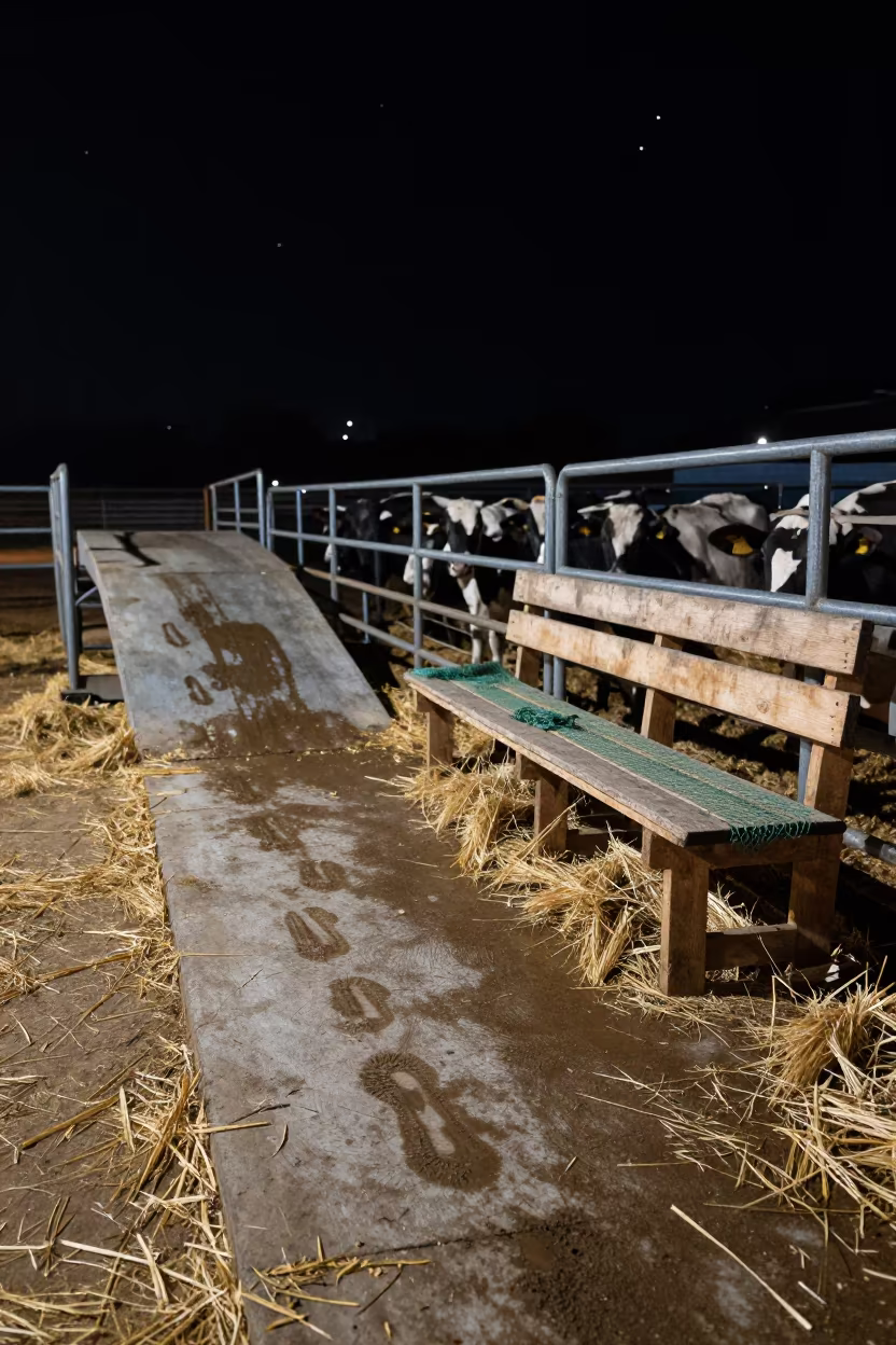 Hay Net Repair Bench Night Stockyard Guinea in at a stockyard loading ramp in Guinea