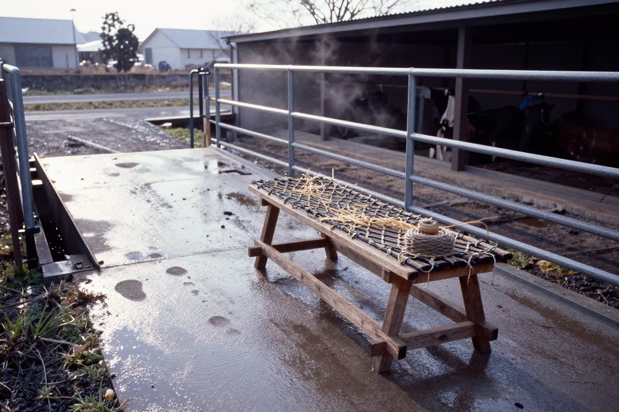 Hay Net Repair Bench Stockyard Kanto Spring in at a stockyard loading ramp in Kanto