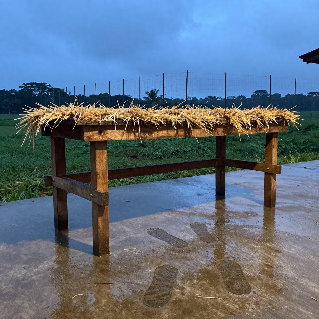 Hay Net Repair Bench Wet Concrete Blue Hour in near a windbreak and water trough in Pará
