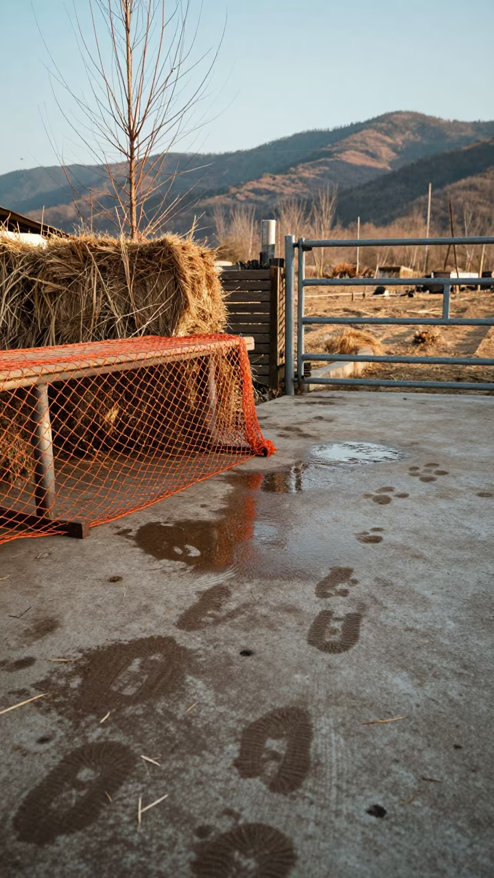 Hay Net Repair Bench Wet Concrete Jiangxi Winter in beside a pasture gate in Jiangxi